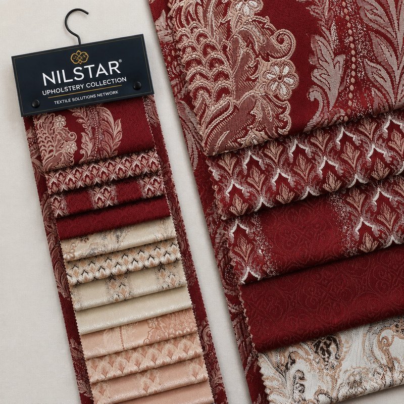 Nilstar Upholstery Collection burgundy damask fabric swatch book