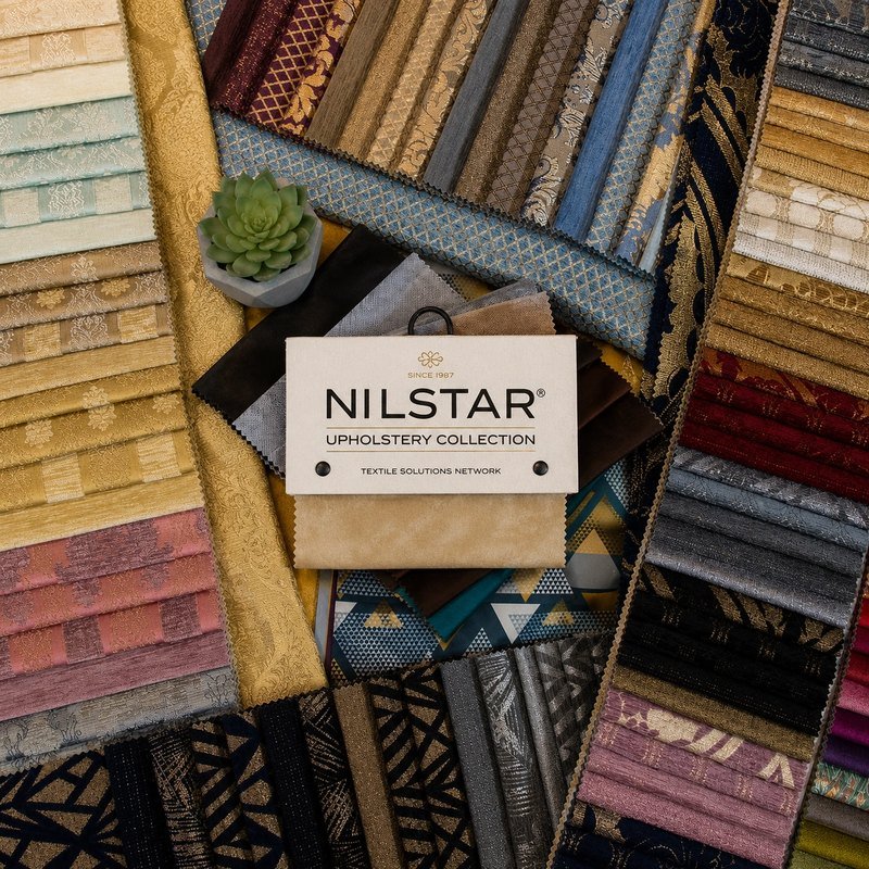 Nilstar Upholstery Collection fabric swatch book and product tag
